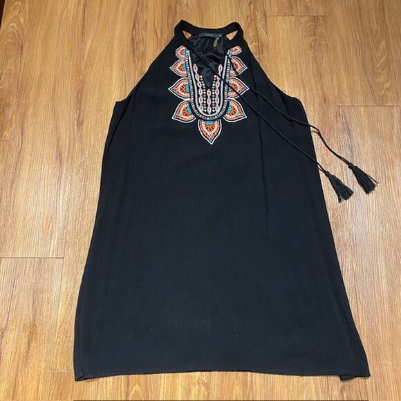 THML Black Halter Dress Embroidered Tassels Lined Boho Hippie Women's XS - Picture 3 of 9